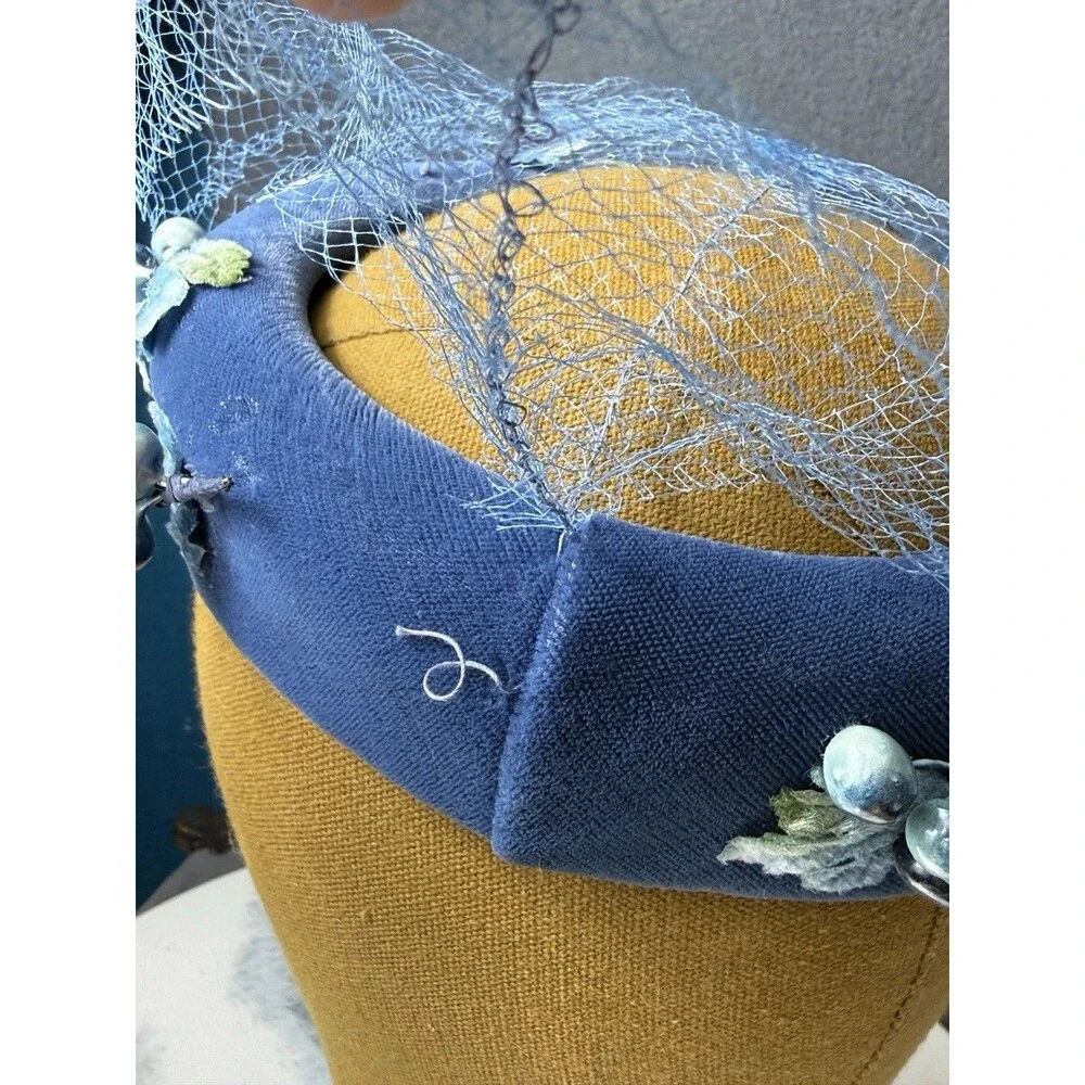 Vintage 1950s Royal Blue Velvet Pillbox Hat Birdcage Veil Floral Beaded Union US